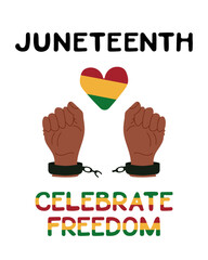 Hand drawn Juneteenth poster with hands in handcuffs and text Celebrate Freedom. Vector flat elements in traditional African colors isolated on white background. Placard or banner for social media