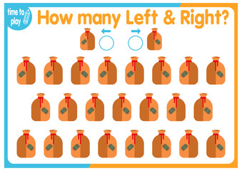 Fototapeta premium children's educational game, tasks. count how many elements will be placed on the right and how many on the left. bag