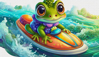 oil painting style CARTOON CHARACTER CUTE a beautiful baby frog rides a jet ski on the sea - obrazy, fototapety, plakaty