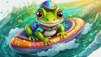 oil painting style CARTOON CHARACTER CUTE a beautiful baby frog rides a jet ski on the sea - obrazy, fototapety, plakaty
