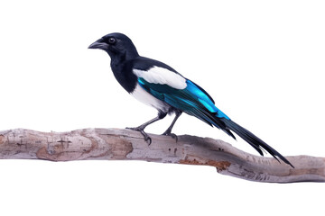 Fototapeta premium Magpie sitting on a log, isolated on transparent background