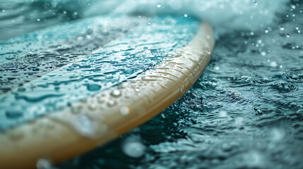 A closeup of Surfing Surfboard, against Water as background, hyperrealistic sports accessory...