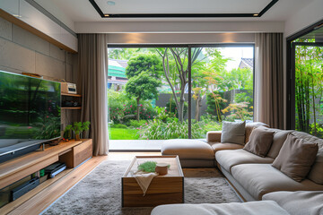Fototapeta premium A Cozy Living Room With Furniture and Flat Screen TV