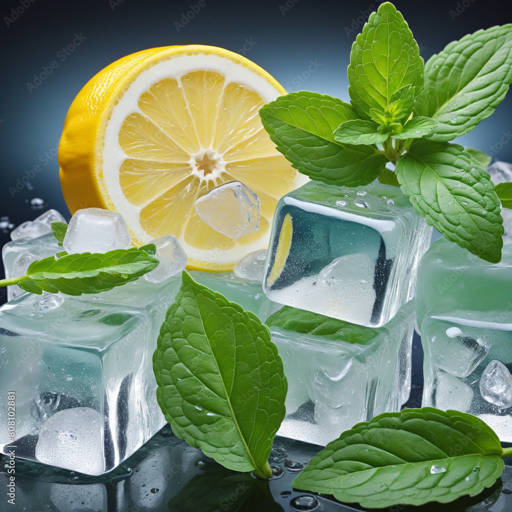 Poster refreshing ice cube mint lemonade with crystal clear slices, isolated on a transparent background