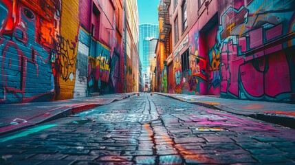 Fototapeta premium A vibrant street art mural in an urban alley, showcasing cultural diversity, soft shadowns, no contrast, clean sharp,clean sharp focus, digital photography