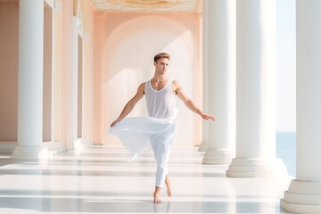 Fototapeta premium full-body photo of athletic caucasian man with short hair dancing in the wind, wearing a white long dress, soft and bright light, ancient Greek style