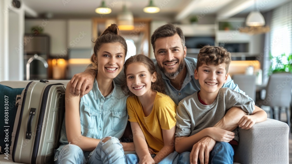 Wall mural Family portrait of happy, cheerful parents with their daughter and son sitting on a sofa, surrounded by packed suitcases, vacation planning