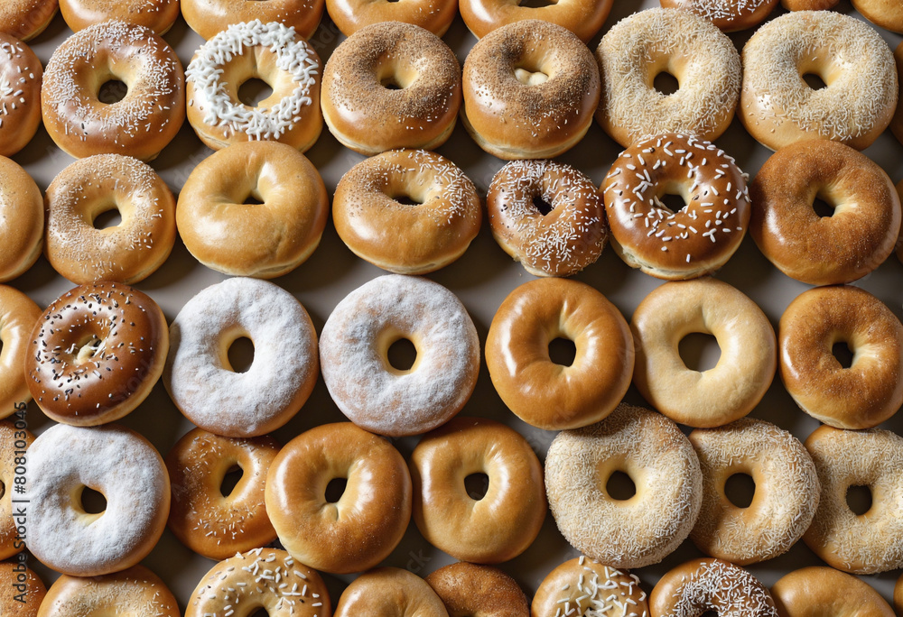 Poster artistic ai rendering of assorted bagels on a clean, white backdrop for a minimalist and modern desi