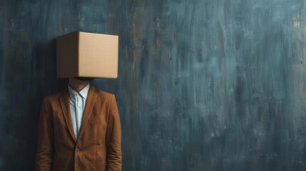 Anonymous man with a cardboard head, symbolizing anonymity, corporate culture, or identity concepts