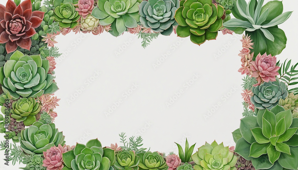 Poster watercolor painting of a variety of succulent plants with generative ai design and negative space la
