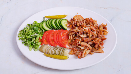 Chicken portion doner kebab plate top view	