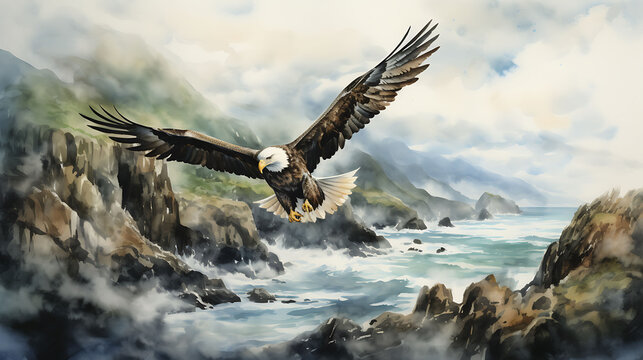 Generate a watercolor background depicting a majestic eagle soaring over a rugged coastline