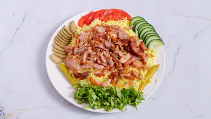 Chicken rice portion doner kebab plate top view	