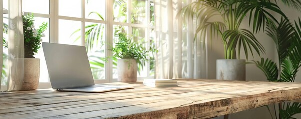 Laptop on a wooden table in a bright room with plants. The sun is shining through the window and there is a nice breeze blowing. The perfect place to work or relax.