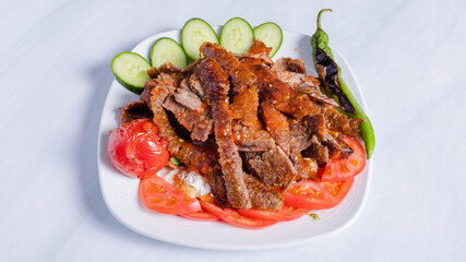 Beef portion doner kebab plate top view	