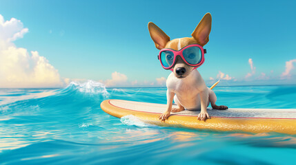Chihuahua wearing goggles and surfing in the ocean during summer vacation.