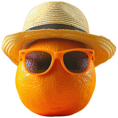 Fresh orange wear sunglasses and summer hat, transparent background