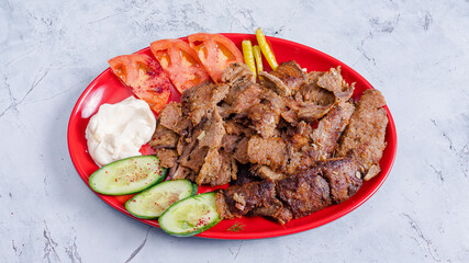Beef portion doner kebab plate top view	