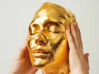head gold sculpture art in hand.idea and insparation
