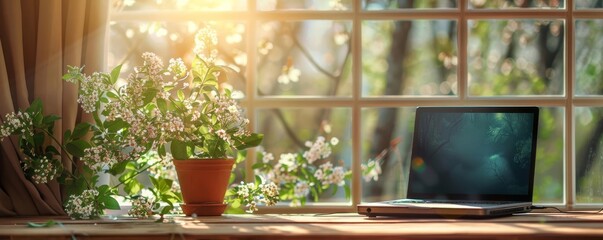 Laptop and a flower pot on a windowsill. The sun is shining through the window. The window is covered with white curtains. The flower pot is brown and contains a white flowering plant