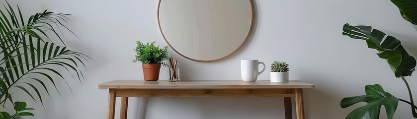 A wooden table with a round mirror, a cup, a potted plant, and some other knick-knacks on it