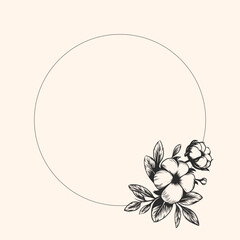 Vintage Round cotton frame with space for text. Hand drawn cotton flower in engraving style. Vector Ink drawing for logo, package design, card, invitation.