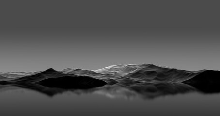 Gloomy dark stone,rocky island on the horizon of water,lake,wallpaper.3D render