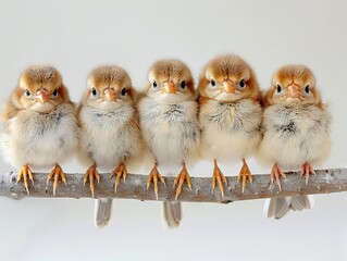 Five little chicks sitting on a branch. - obrazy, fototapety, plakaty