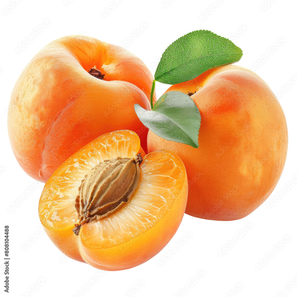 Poster high-resolution png image features ripe apricots isolated on a transparent background, enhanced with