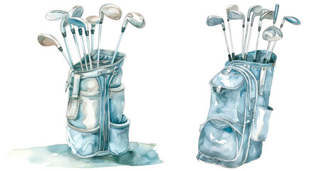 Set of watercolor golf bag with clubs, isolated on transparent background