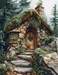 Obraz premium Watercolor illustration of a forest house decorated with greenery, pine cones, small mushrooms, emeralds and clear crystals