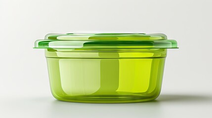 A green plastic container with lid on a white surface.