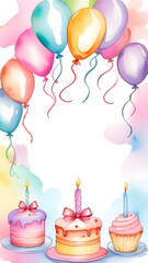Festive watercolor background. Frame with balloons and cakes with copy space. Vertical illustration