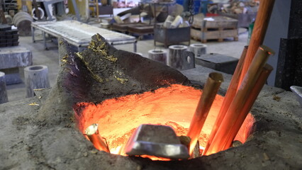 Industrial Foundry with a Crucible Full of Molten Metal: Precision Casting Processes of Copper and...