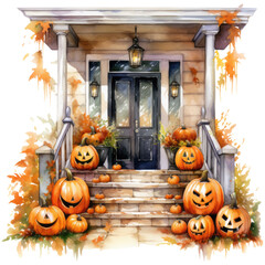 Watercolor porch decorated with halloween jack-o-lanterns, isolated on transparent background