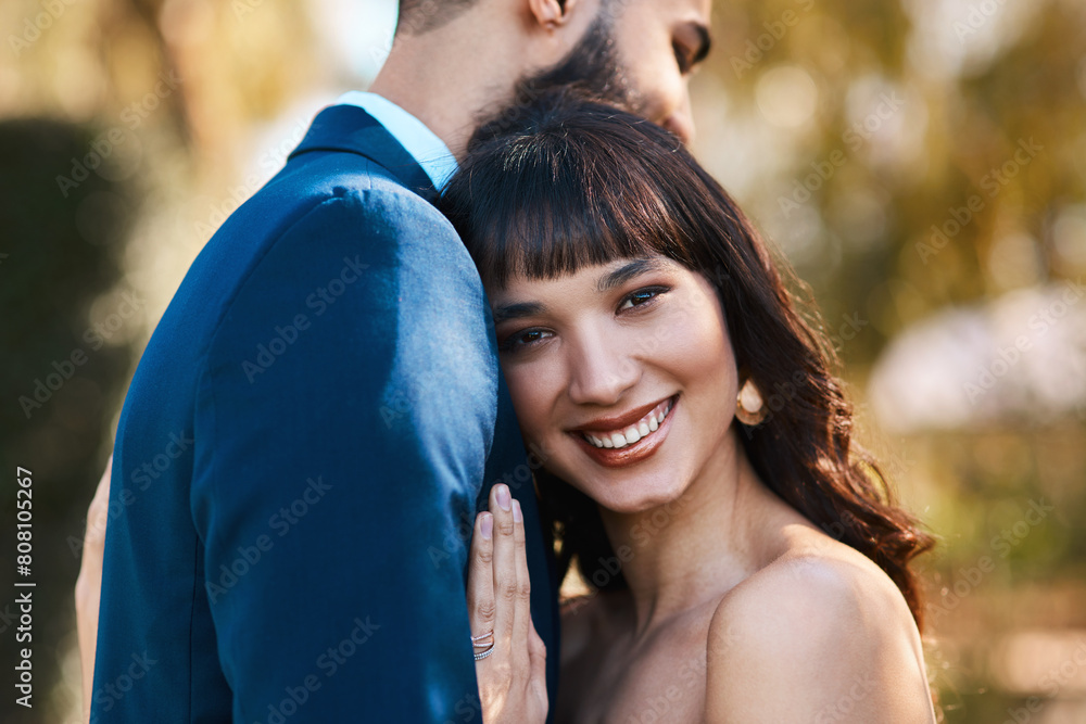 Sticker Couple, portrait and hug on ceremony at wedding, happy and commitment for marriage or relationship. People, embrace and smile in outdoor event, partnership and celebration of love or forever bonding