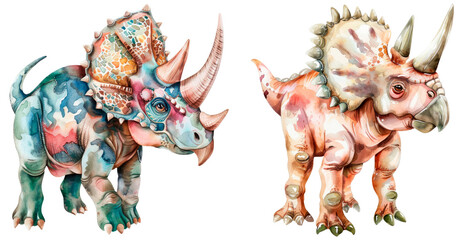 Set of watercolor triceratops, isolated on transparent background