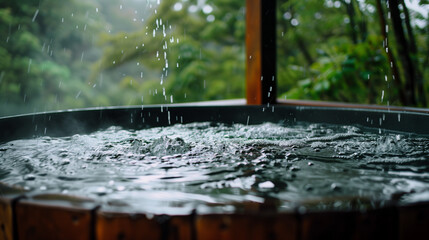 Rainfall on Wooden Hot Tub in Lush Garden