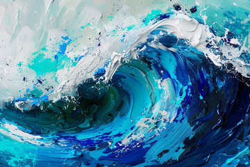 An abstract ocean wave created from a symphony of blue, turquoise, and white paint splashes. The dynamic movement and rich textures evoke the powerful serenity of the sea, 