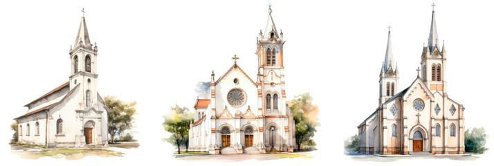 Obraz premium Set of watercolor western european chruch, isolated on transparent background