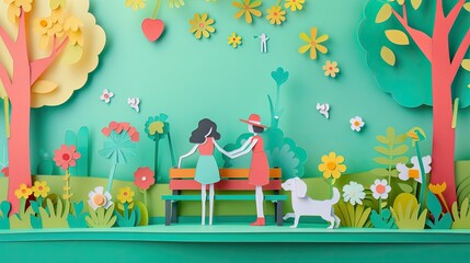 A happy family playing with their dog in a papercut park, all elements crafted from colorful paper, showcasing lively expressions.