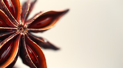 Macro shot of a star anise pod, highlighting the glossy texture and deep brown color, contrasted with a pure white background