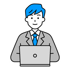 正面を向いているノートパソコンとスーツの男性