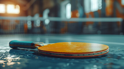A closeup of Table Tennis paddle, against Table as background, hyperrealistic sports accessory...