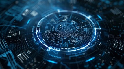 Circular technological interface with detailed circuit designs, suitable for presentations on engineering or robotics