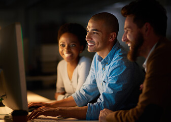 Computer, meeting and business people in office at night for planning, teamwork and collaboration....