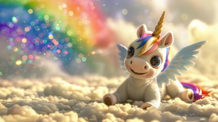 3d a little cute unicorn with wings and rainbow background realistic