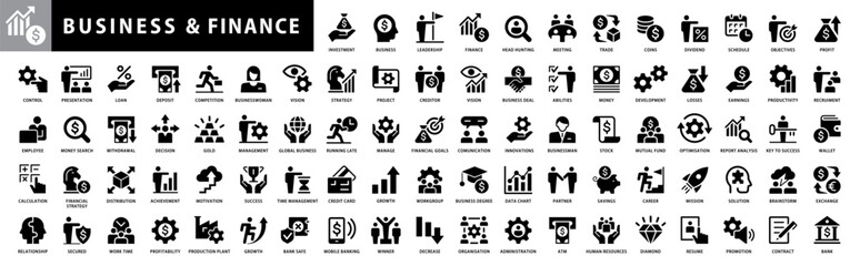 Vector business and finance icon set with money, bank, piggy, credit, exchange, graph, deposit, calculator, web, law, dollar, euro, coin, card, currency, handshake and more isolated silhouette symbol