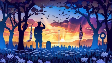 A layered papercut showing a soldier saluting a grave at a national cemetery, with paper wreaths and flags.
