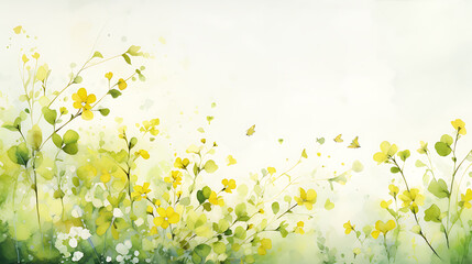 Gentle watercolor splashes in a palette of spring greens and yellows, capturing the rebirth of nature